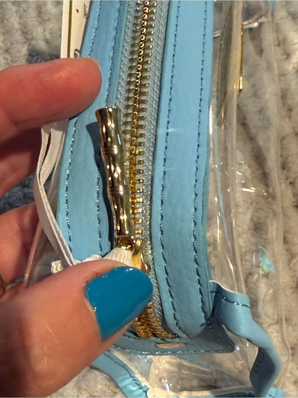 Lilly Pulitzer clear cosmetic pouch with light blue trim